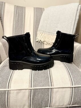 Women's Black Patent Platform Rain Boots